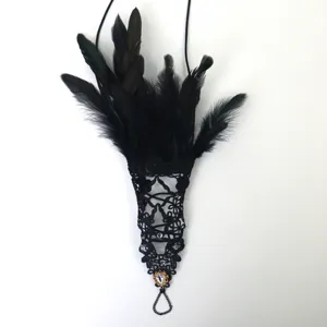 Gothique Noir Dentelle Plume Main Chaîne Bague Halloween Costume Fête Bijoux Accessoire Bracelets