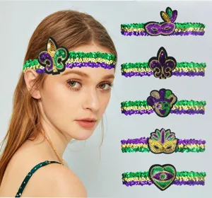 Mardi Gras Pailletten Haarreif Karneval Party Haarschmuck gruen gold lila Kostuem Accessoire