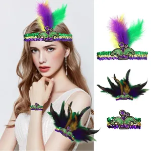 Mardi Gras veren hoofdband en polsband set, pailletten carnaval kostuum feest haaraccessoires.