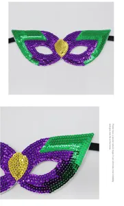 Mardi Gras pailletten half gezicht masker met groen paars goud details en elastische band.