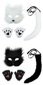 Halloween pluche kostuumset met dierenmasker, poothandschoenen en staart voor feest.
