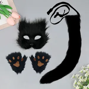 Zwarte pluche dieren kostuum set met harige masker poot handschoenen en staart voor feest.