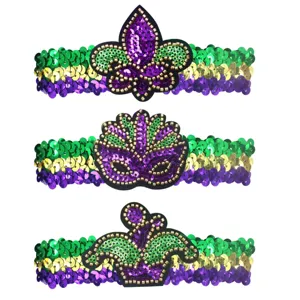 Mardi Gras pailletten haarband set met paars groen goud kleuren en feestelijke ontwerpen.