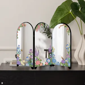Desktop mini mirror screen folding tabletop ornament with French floral botanical art prints.