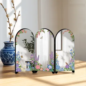 Desktop mini 3-panel folding mirror screen tabletop French vintage floral decorative piece