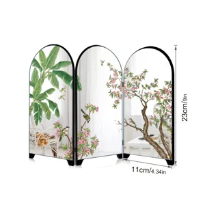 Mini Chinese Style Folding Screen Desktop Mirror Ornament Floral Bird Room Divider