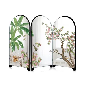 Detailed view of miniature 3-panel arched mirror screen with Chinese botanical art decor.