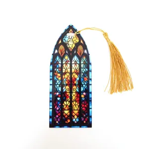 Stained glass style acrylic bookmark with elegant gold tassel gothic arched page marker.