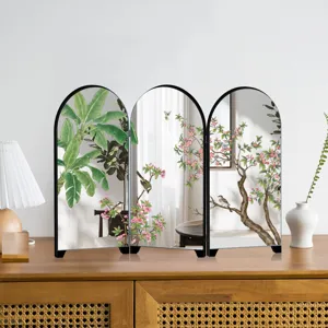 Desktop mini arched screen mirror ornament featuring elegant traditional Chinese botanical and bird art.