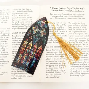 Creative colorful translucent acrylic bookmark with gold tassel, gothic stained glass style.