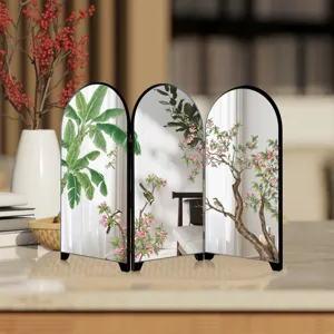 Mini desktop Chinese style folding mirror screen detail with floral art and arched frame.