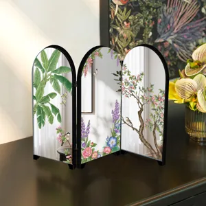 Mini desktop room divider folding screen with floral botanical artwork and arched black frame.