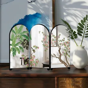 Chic desktop mini mirror screen with traditional Chinese floral art, elegant room decor.
