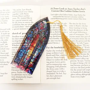 Stained glass style acrylic bookmark with golden tassel, translucent reading page marker.