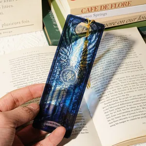 Translucent acrylic bookmark blue stained glass dragon wing magical design with gold tassel