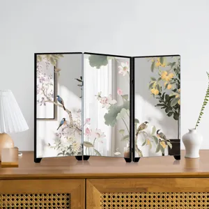 Mini Chinese style folding screen desktop ornament with traditional floral and bird painting art.