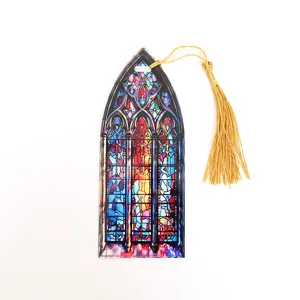 Stained glass acrylic bookmark with gold tassel, creative transparent reading page marker.