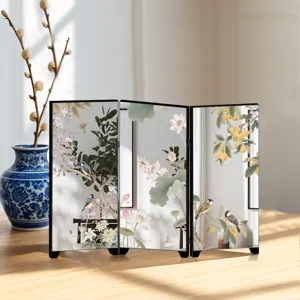 Mini Chinese style desktop mirror screen ornament, traditional floral and bird painting decor
