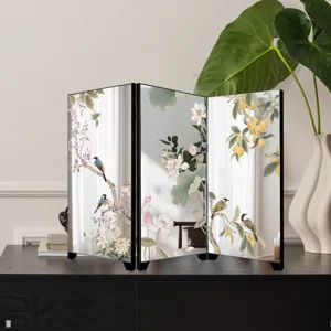 Mini desktop folding screen mirror, traditional Chinese style bird flower art decor