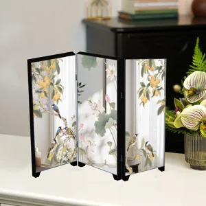 Desktop Chinese style mini mirror folding screen decoration with traditional bird and flower art.