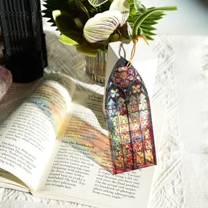 Detailed shot of the colorful translucent acrylic bookmark with stunning stained glass style.