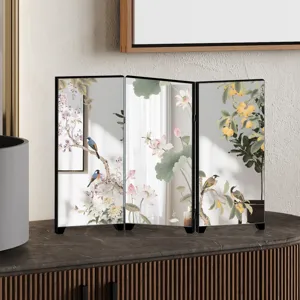 Mini desktop Chinese style folding screen mirror ornament with traditional floral and bird painting details.