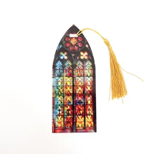 Acrylic stained glass window style bookmark detail with elegant golden tassel accessory.