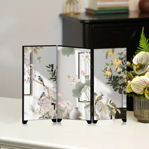 Desktop Chinese style mini mirrored folding screen ornament with traditional floral art.