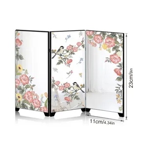 Miniature desktop mirror screen room divider with floral bird pattern for home decoration.
