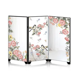 Mini desktop folding mirror screen with elegant floral and bird art for home decor.