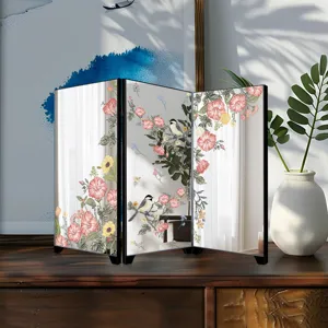 Mini desktop Chinese style mirror screen decorative ornament with exquisite floral and bird art.
