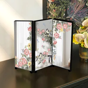 Desktop mini mirrored folding screen ornament Chinese style flower bird tabletop decor