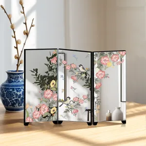 Desktop miniature folding mirror screen with elegant floral and bird decor for home decor.