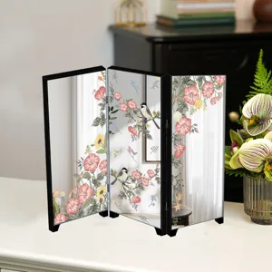 Mini desktop folding screen mirror with Chinese style floral and bird pattern for home decor.