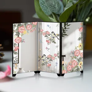 Mini tabletop mirror folding screen with vintage floral bird print decorative ornament