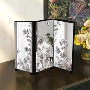 Mini mirrored folding screen desktop decorative ornament french style floral pattern