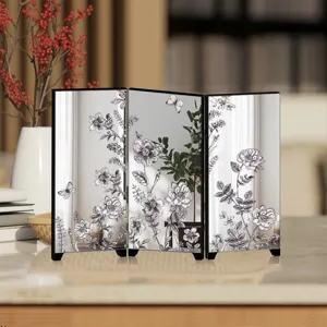 Desktop mini folding mirror screen with botanical floral print, French style decorative accent.