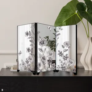 Tabletop mirror folding screen decor with floral sketch art for French style home decoration.