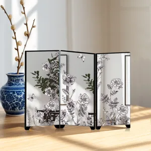Desktop mini mirrored screen decoration with botanical floral sketches and black frame for home decor
