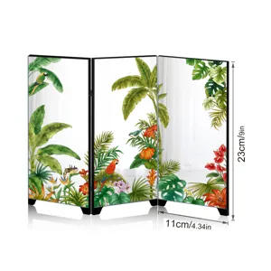 Mini desktop folding screen mirror decorative ornament with tropical botanical bird art
