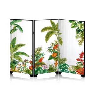 Decorative miniature folding mirror screen with tropical plant and bird patterns for home decor.