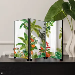 Desktop mini mirror folding screen with tropical botanical print and parrot design decor.