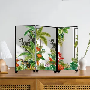 Tabletop mini folding mirror screen decorative ornament with tropical botanical floral artwork.