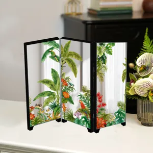 Miniature desktop folding screen with tropical botanical and parrot prints for home decor.