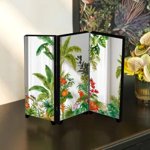 Mini desktop folding screen tabletop mirror with tropical jungle parrot botanical print decor.