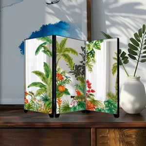 Miniature tabletop mirror folding screen featuring vibrant tropical botanical and parrot art print.