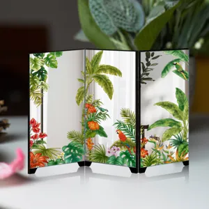 Mini desktop three-fold mirror screen ornament with tropical plant and bird botanical illustration.