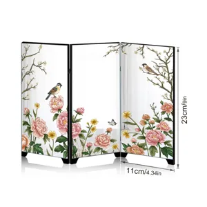 Mini desktop folding screen mirror with Chinese traditional flower bird pattern decor.