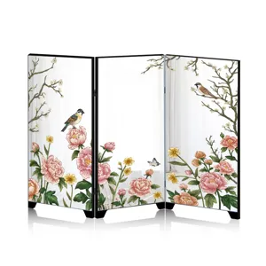 Mini desktop folding screen, Chinese style floral bird art, decorative mirror room divider ornament