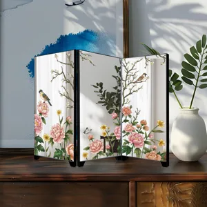 Mini desktop folding screen detail, traditional Chinese floral bird art, elegant mirror decor piece.